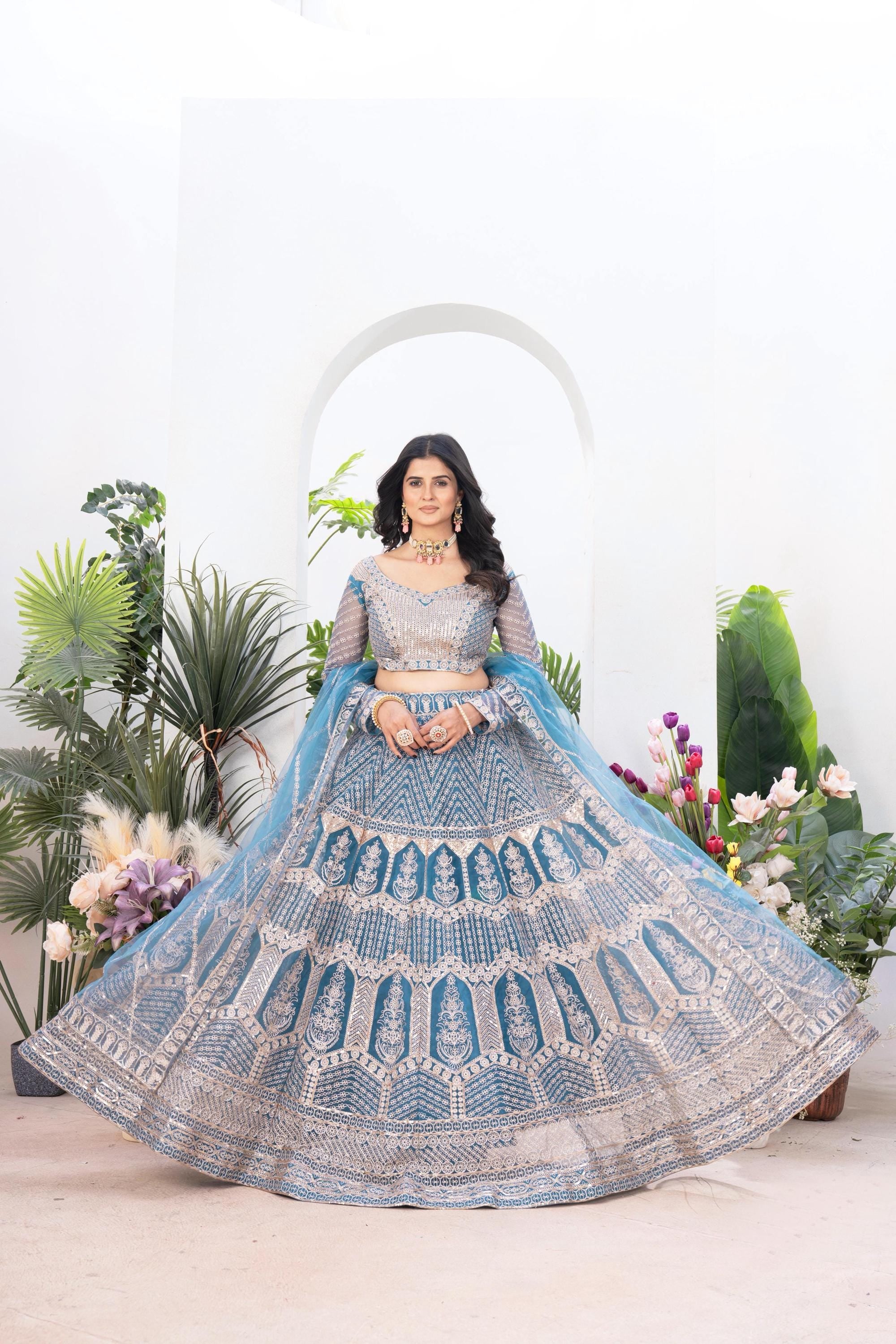 Butterfly Net Lehenga Choli Set, Sequins Jari Embroidery, Bridal Wedding Party Wear
