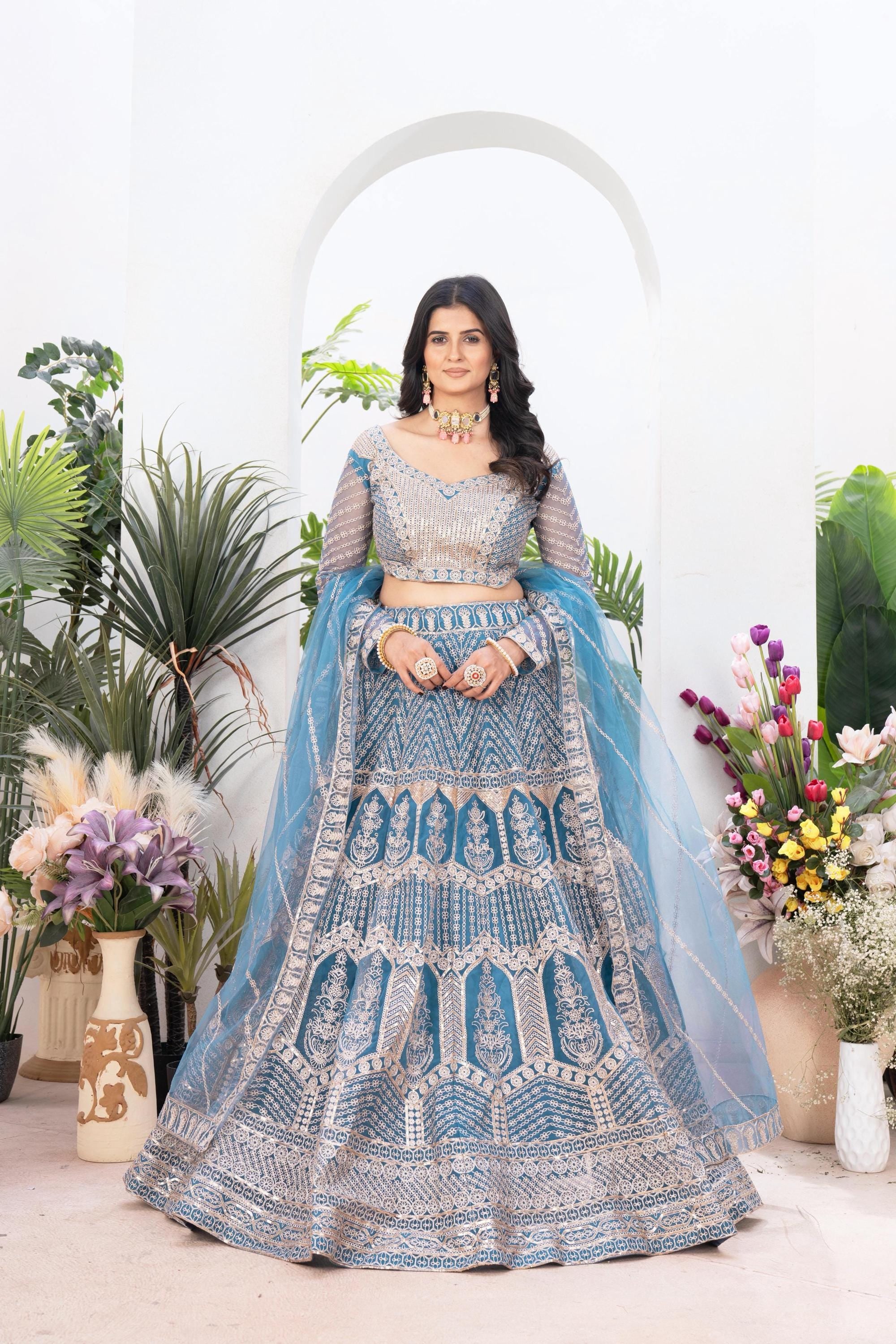 Butterfly Net Lehenga Choli Set, Sequins Jari Embroidery, Bridal Wedding Party Wear