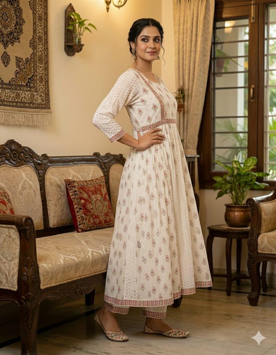Cotton Chikankari Anarkali Kurti Set with Mirror Work, Lace Pant Dupatta