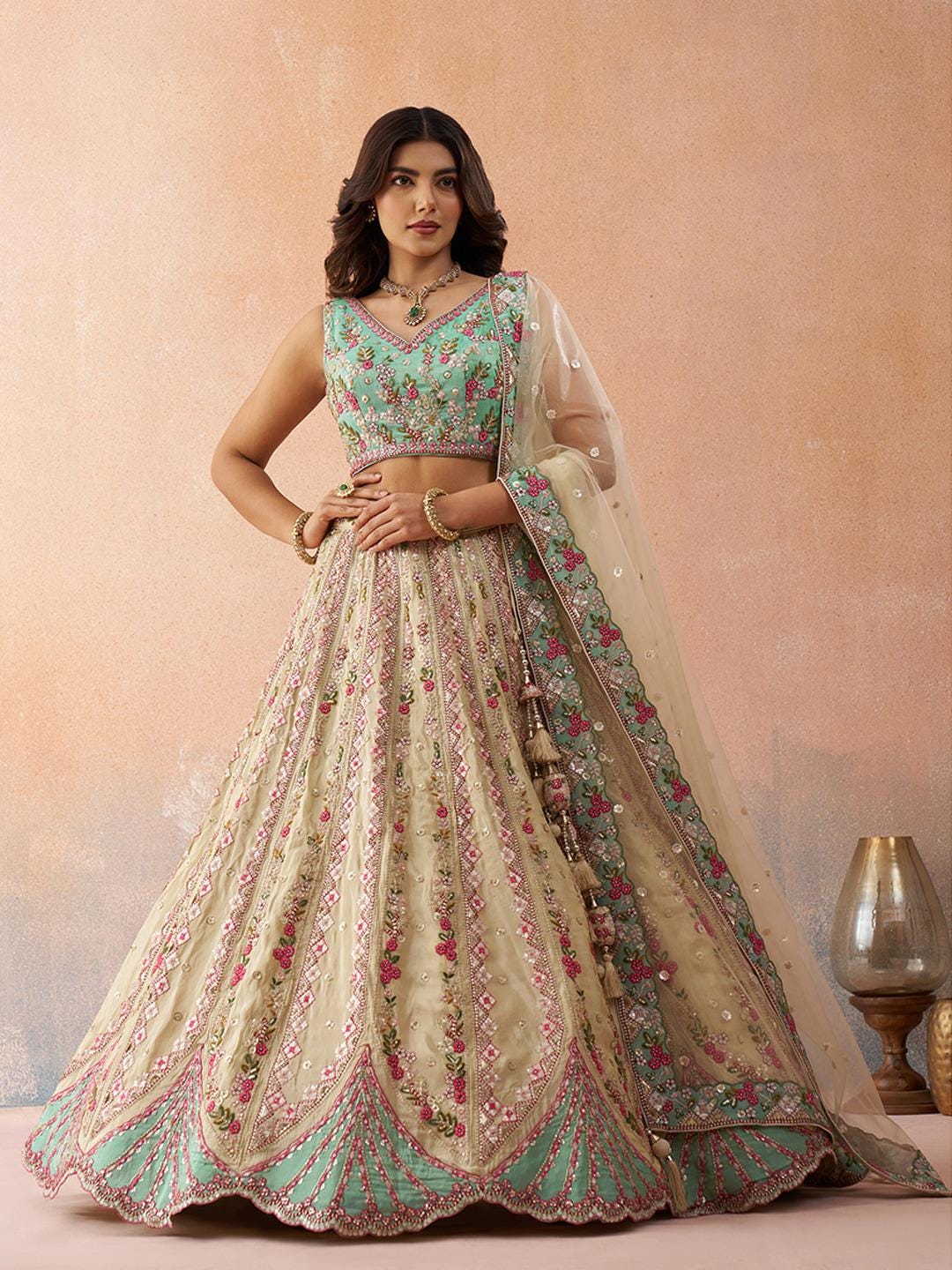 Cream Tissue Lehenga Choli Set, Sequins Embroidery, Wedding Party Wear