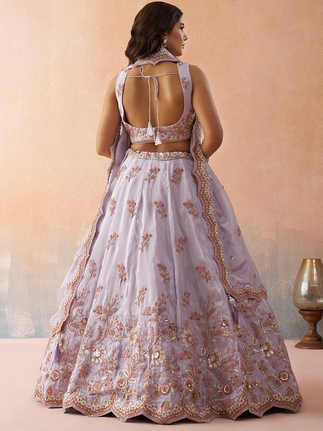 Lavender Tissue Lehenga Choli Set, Sequins Embroidery, Bridal Party Wear Dupatta
