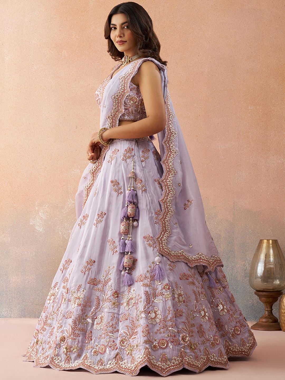 Lavender Tissue Lehenga Choli Set, Sequins Embroidery, Bridal Party Wear Dupatta