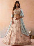 Peach Tissue Lehenga Choli, Zari Embroidery, Sky Dupatta, Wedding Party Wear