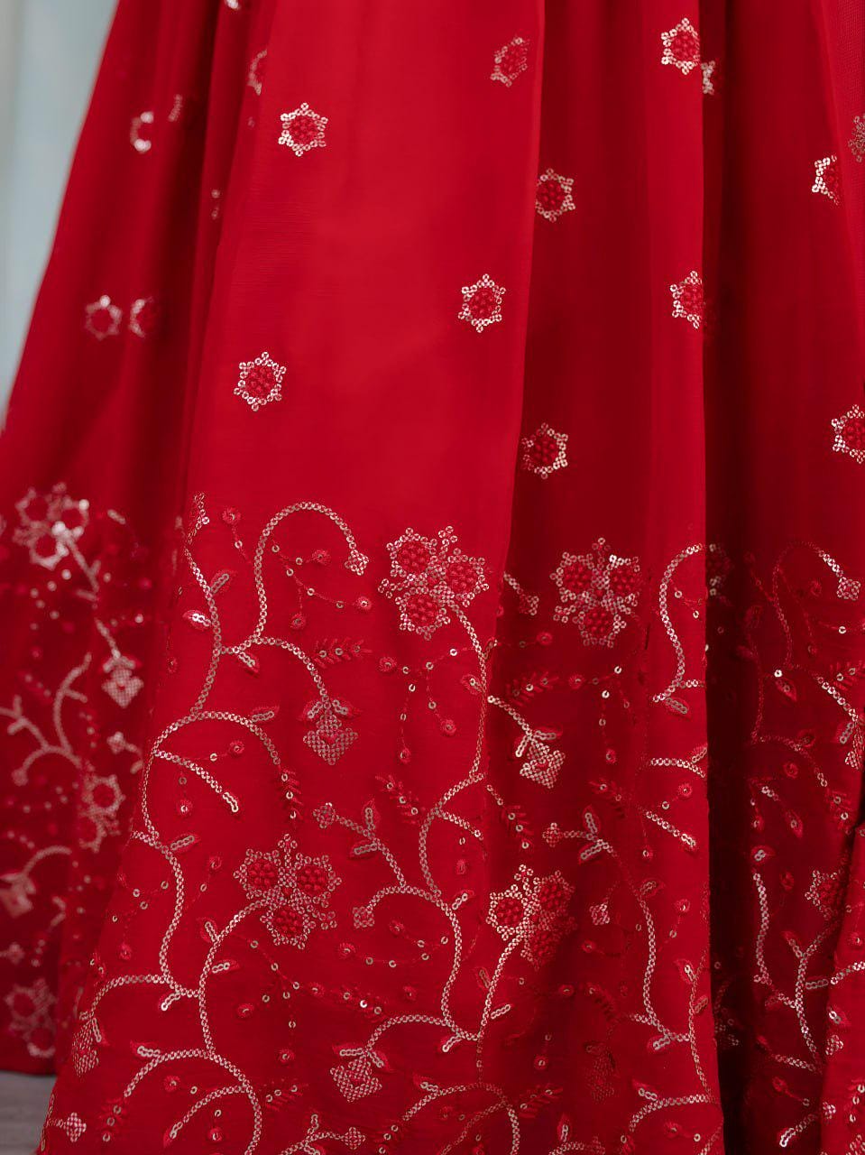 Red Organza Lehenga Choli, Velvet Blouse, Sequins Embroidery Wedding Outfit