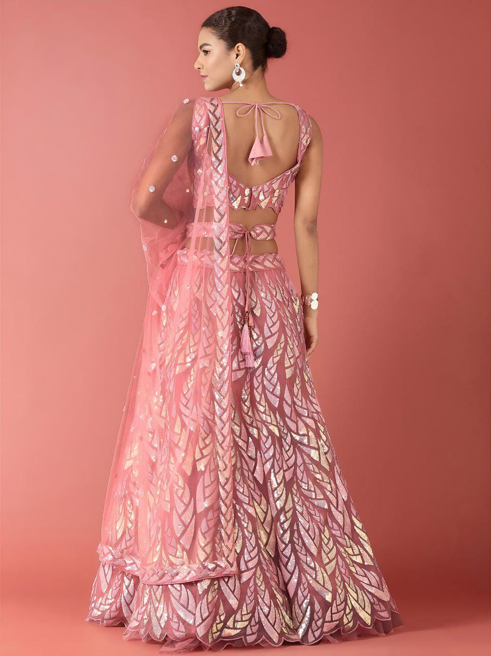 Light Pink Soft Net Lehenga Choli Set, Sequins Embroidery, Semi-Stitched Bridal Wear