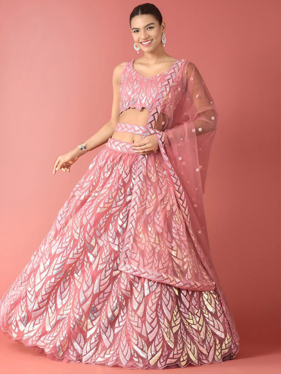Light Pink Soft Net Lehenga Choli Set, Sequins Embroidery, Semi-Stitched Bridal Wear