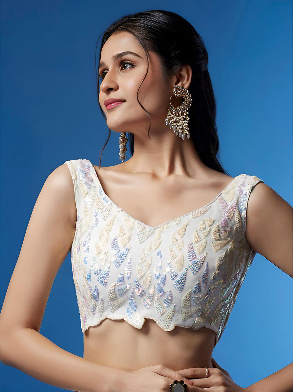 White Soft Net Lehenga Choli Set, Sequins Embroidery, Bridal Party Wear, Semi-Stitched (Wedding)