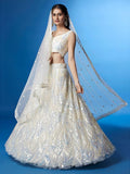 White Soft Net Lehenga Choli Set, Sequins Embroidery, Bridal Party Wear, Semi-Stitched (Wedding)