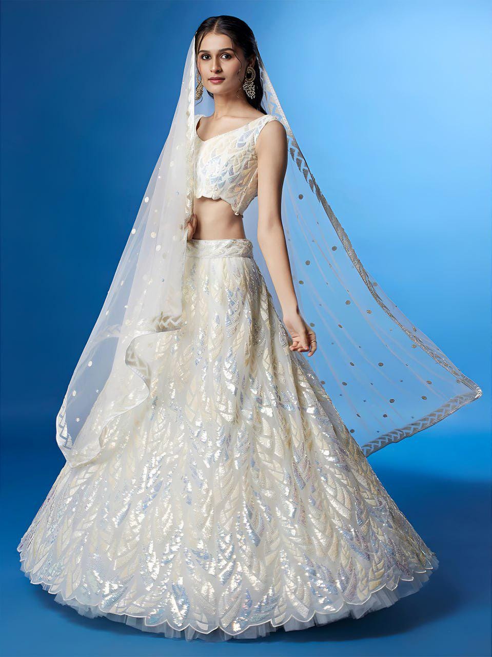 White Soft Net Lehenga Choli Set, Sequins Embroidery, Bridal Party Wear, Semi-Stitched (Wedding)