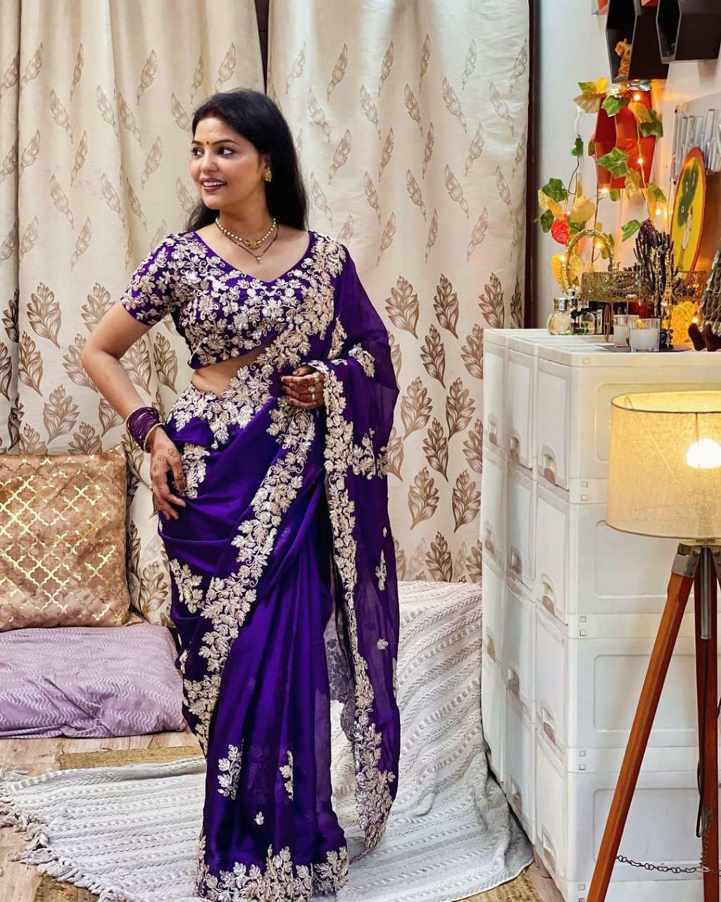 Rangoli Silk Saree with Sequins Zari Embroidery, Cut Work, Stitched Blouse, Party Wear