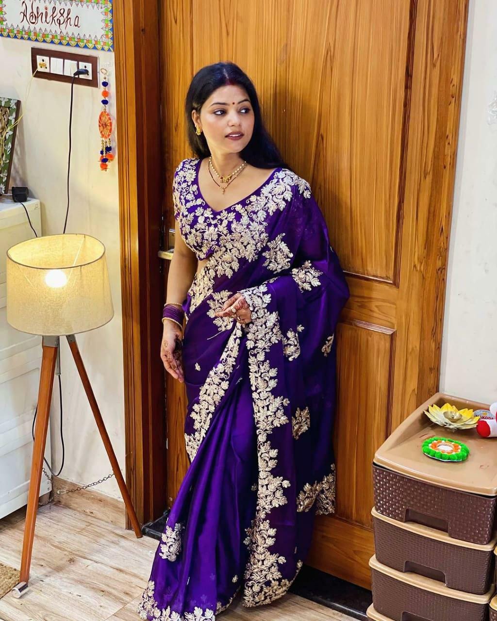 Rangoli Silk Saree with Sequins Zari Embroidery, Cut Work, Stitched Blouse, Party Wear