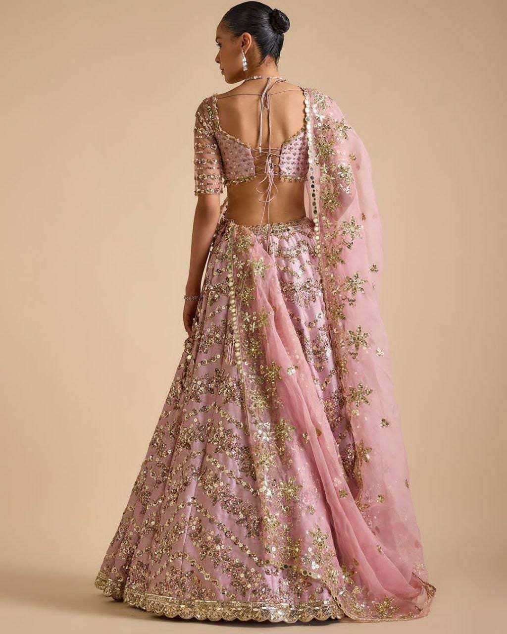 Chinon Silk Lehenga Choli, Multi Thread Sequins Work, Wedding Bridal Party Wear Net Dupatta