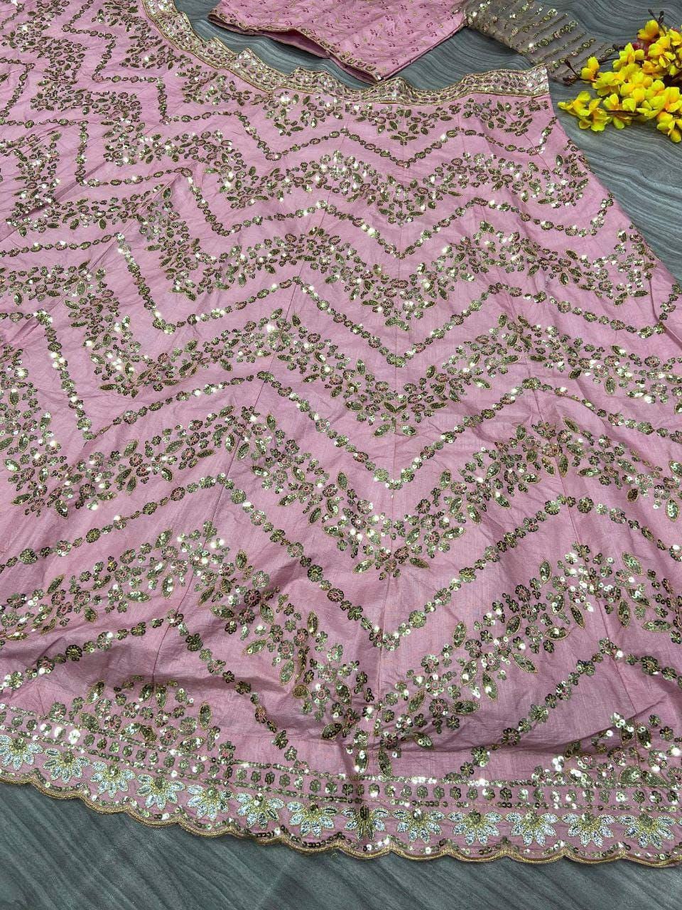 Chinon Silk Lehenga Choli, Multi Thread Sequins Work, Wedding Bridal Party Wear Net Dupatta