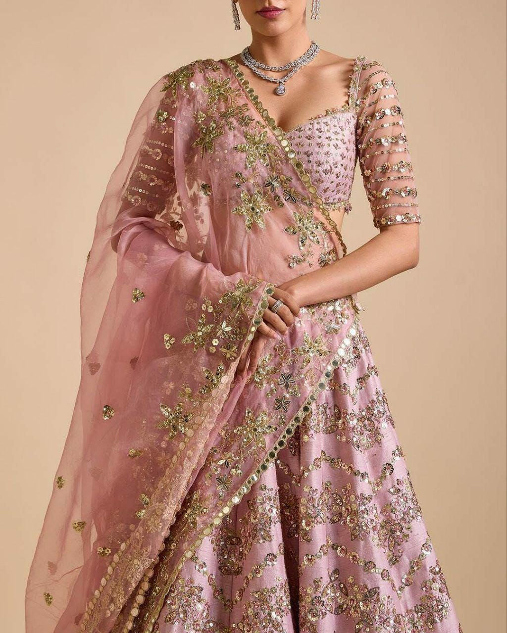 Chinon Silk Lehenga Choli, Multi Thread Sequins Work, Wedding Bridal Party Wear Net Dupatta