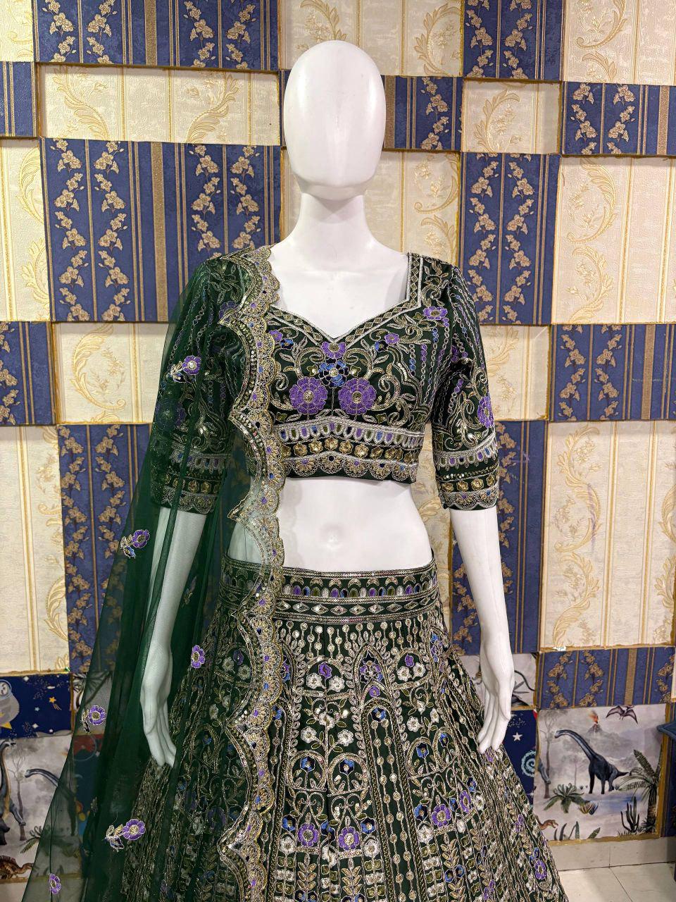 Mono Satin Silk Lehenga Choli, Sequins Cut Work, Butterfly Net Dupatta, Wedding Party Wear