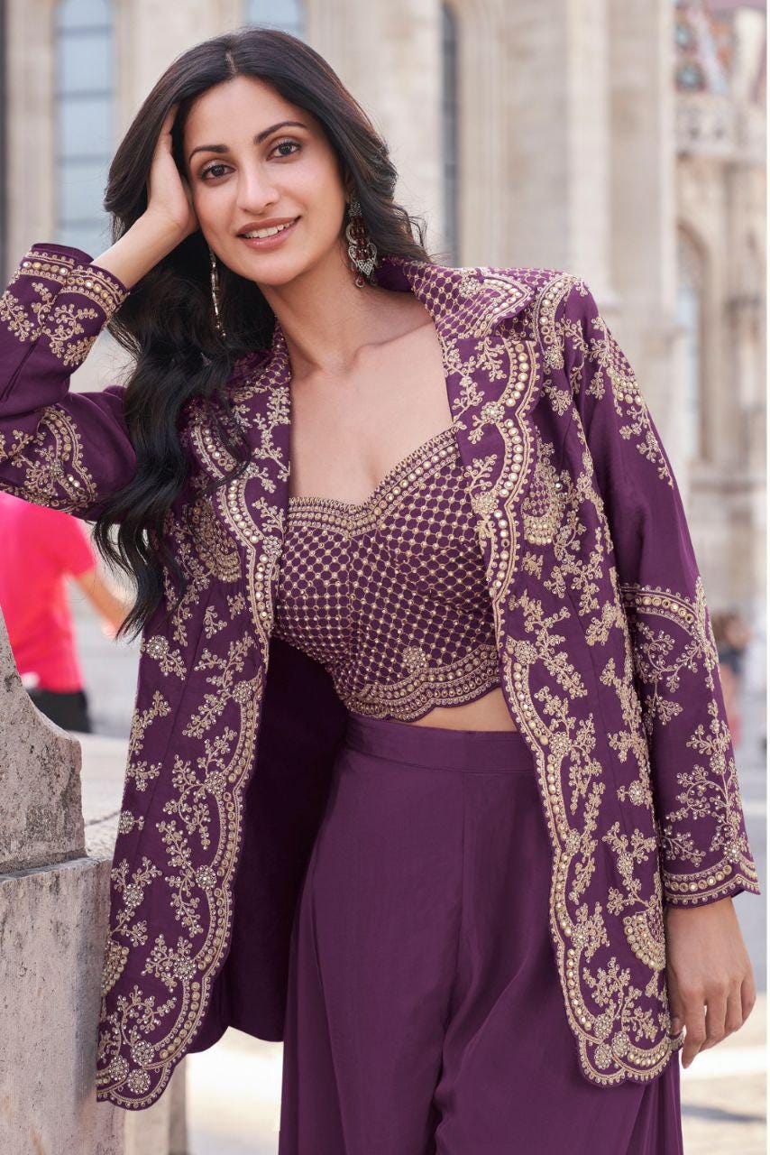 Embroidered Chinon Silk Palazzo Set with Jacket, Stitched Ethnic Party Wear XXL