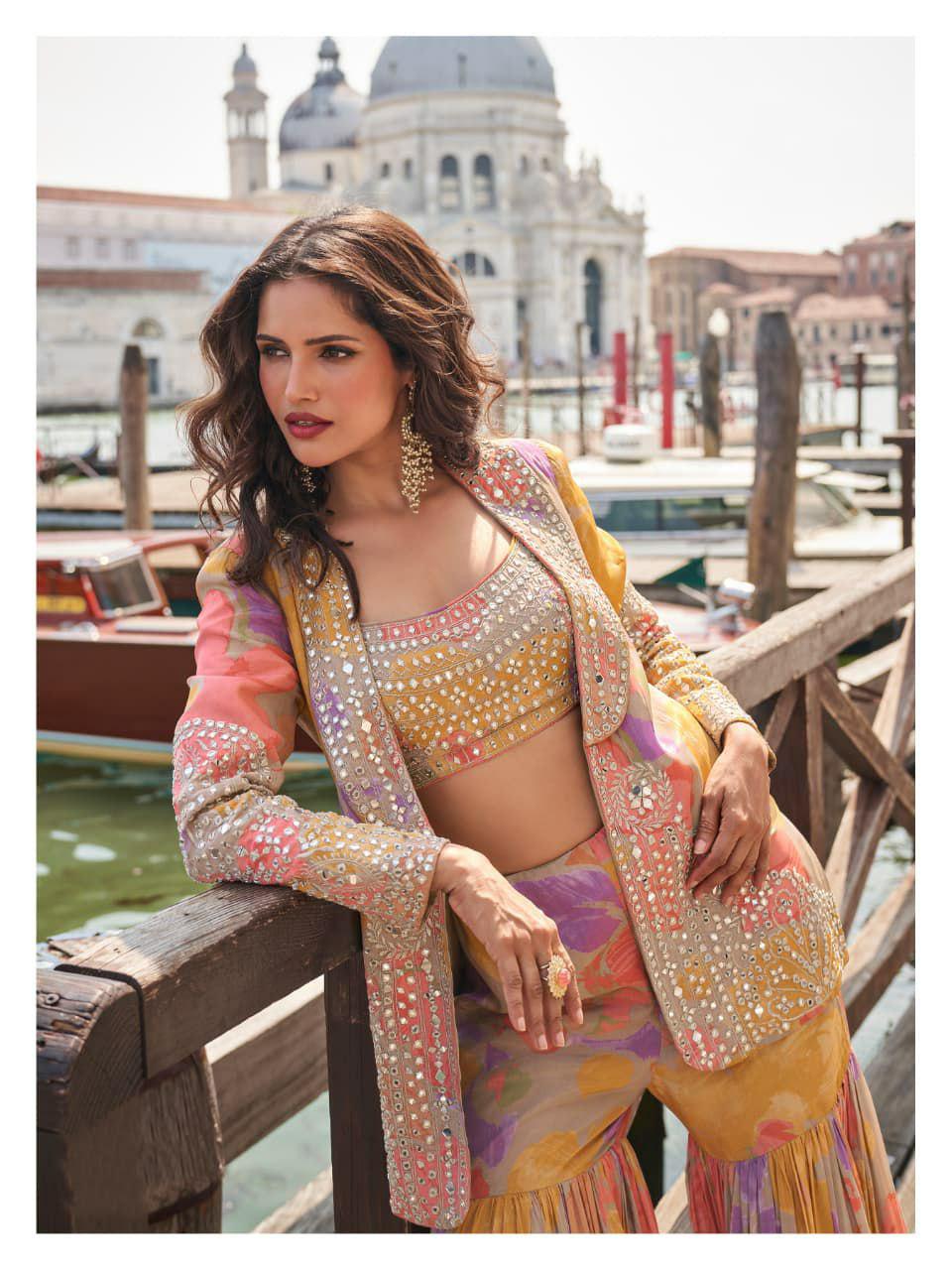 Elnaaz Chinon Silk Gharara Set, Hand Mirror Work Ethnic Outfit, XL Stitched Party Wear