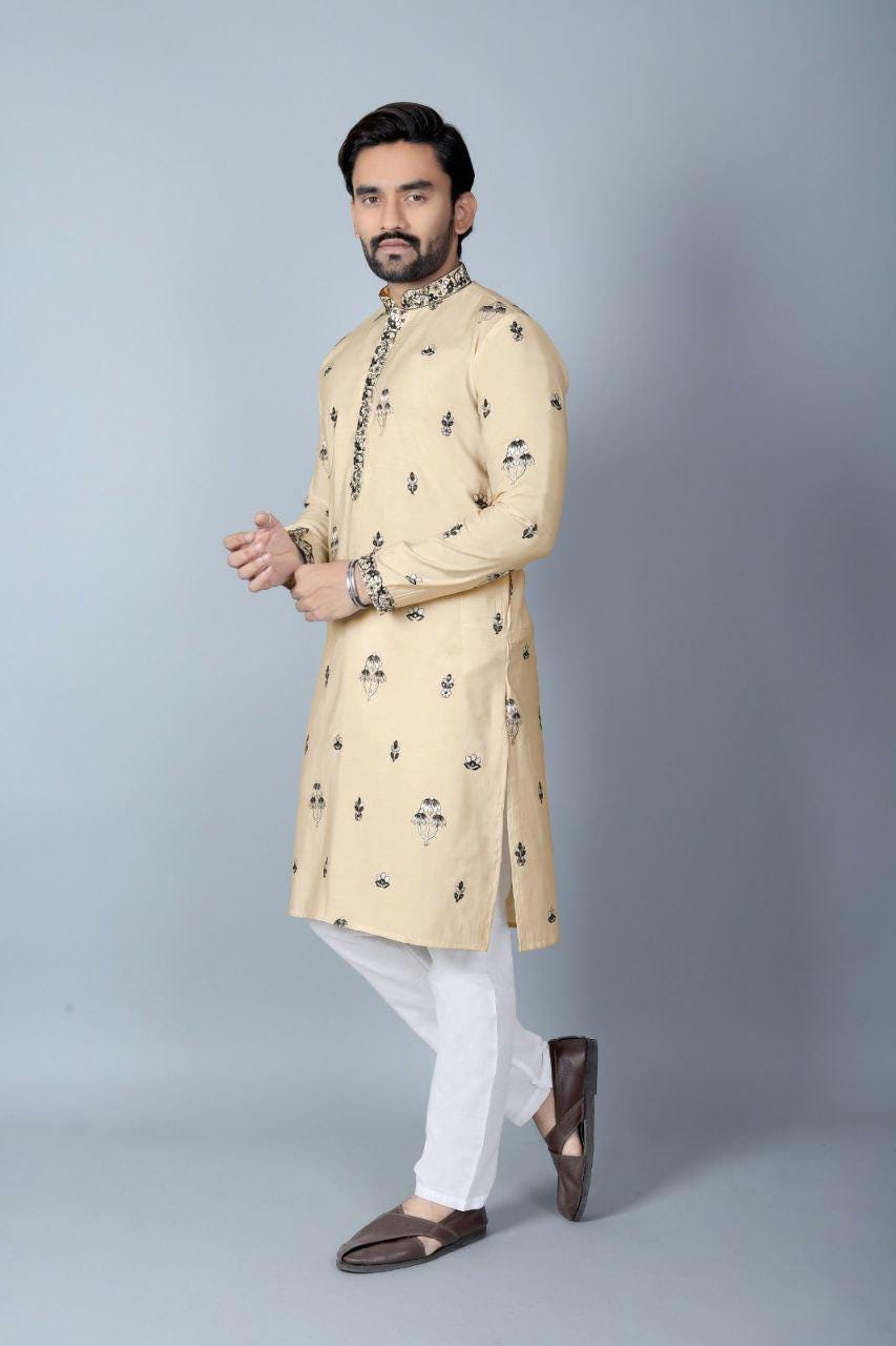 Men's Heavy Chanderi Silk Kurta Pajama Set, Traditional Festive Wear