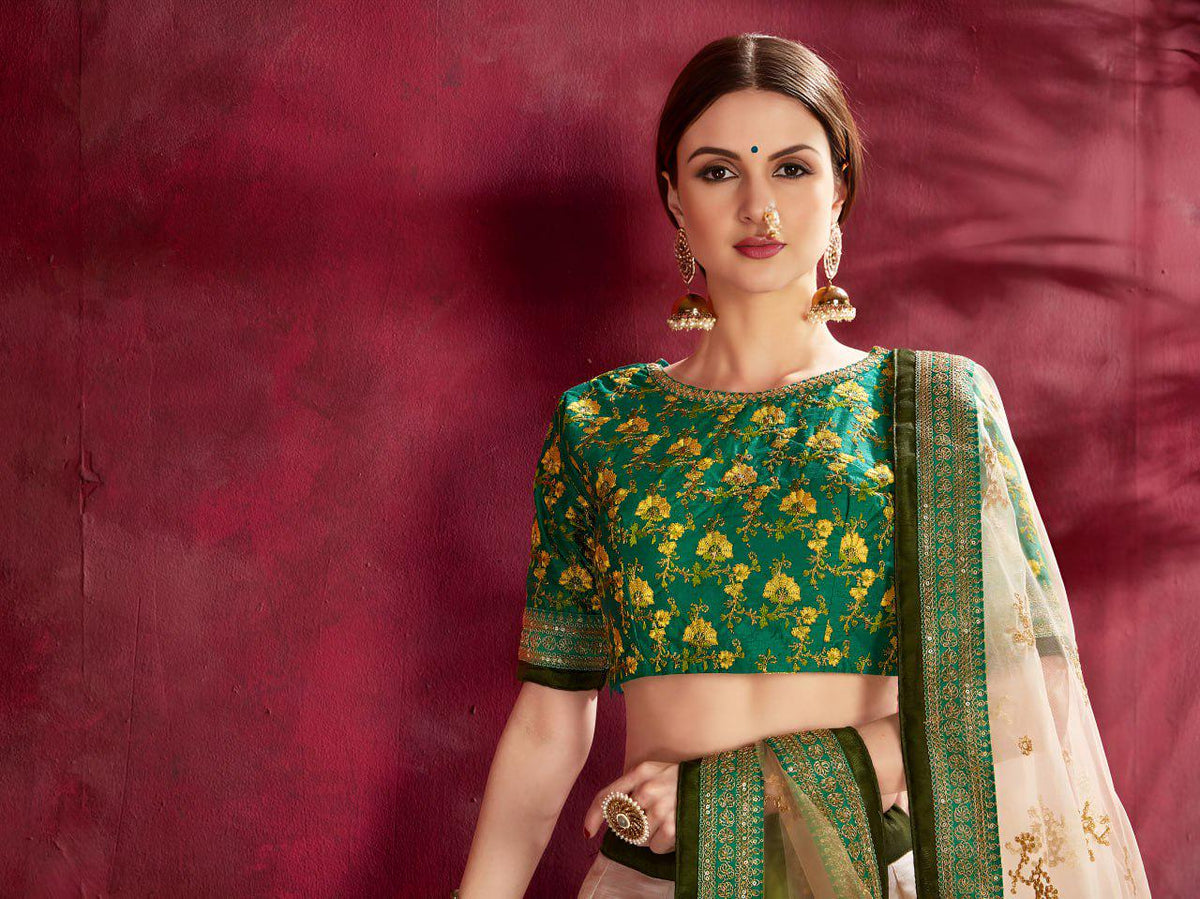 Ivory Floral Lehenga Choli | Green Embroidered Blouse, Net Dupatta, Semi-Stitched Wedding Wear