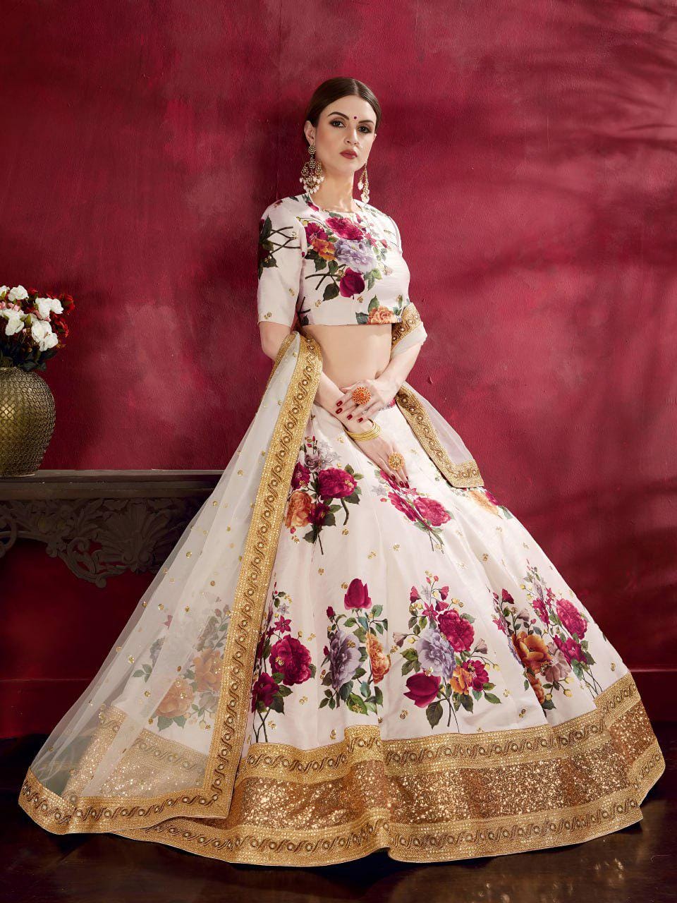 Ivory Floral Art Silk Lehenga Choli Set | Golden Embroidered Border, Net Dupatta