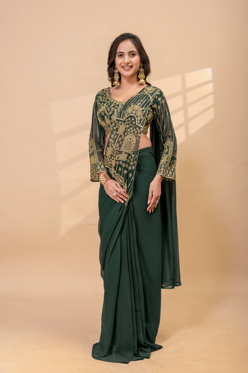 Ready-to-Wear Faux Georgette Saree with Embroidery, Stitched Blouse