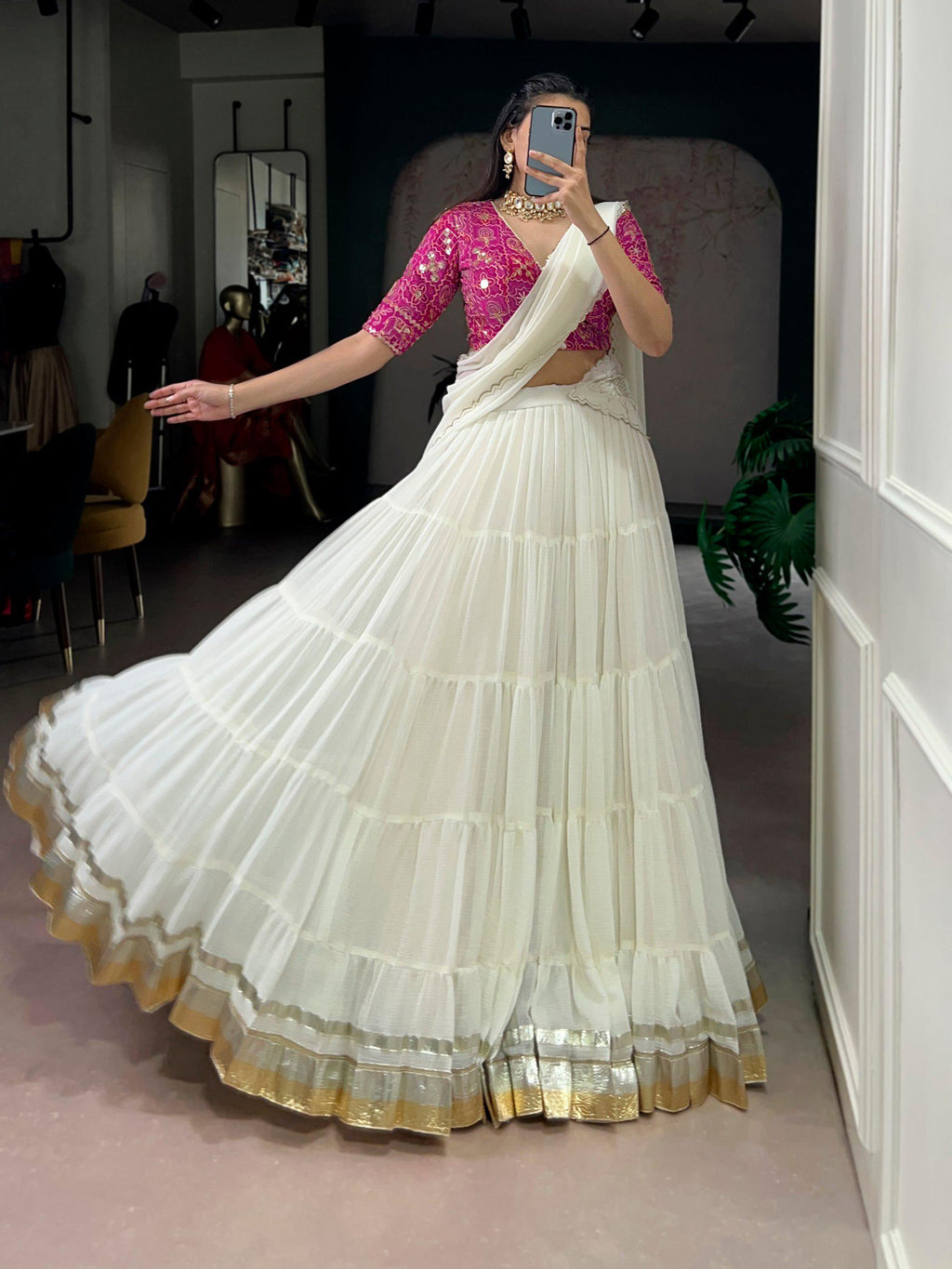 Marble Fabric Lehenga Choli Set, Bandhej Print Blouse, Foil Work Dupatta, 12 Meter Flair