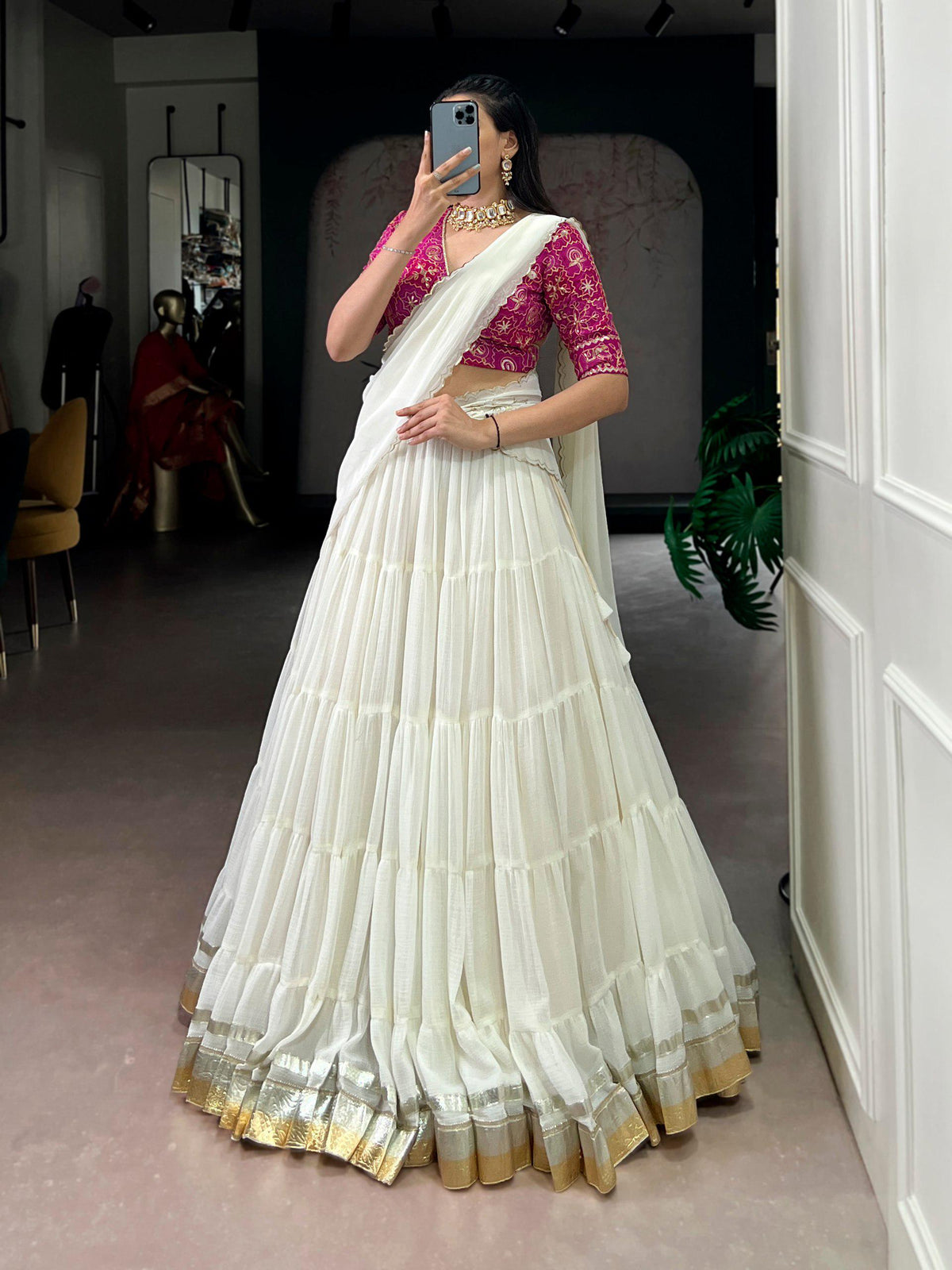 Marble Fabric Lehenga Choli Set, Bandhej Print Blouse, Foil Work Dupatta, 12 Meter Flair