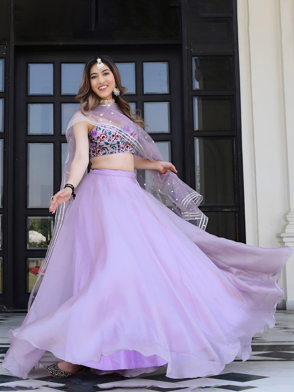 Lavender Organza Lehenga Choli, Floral Embroidered Blouse, Gota Patti Dupatta, Wedding Set