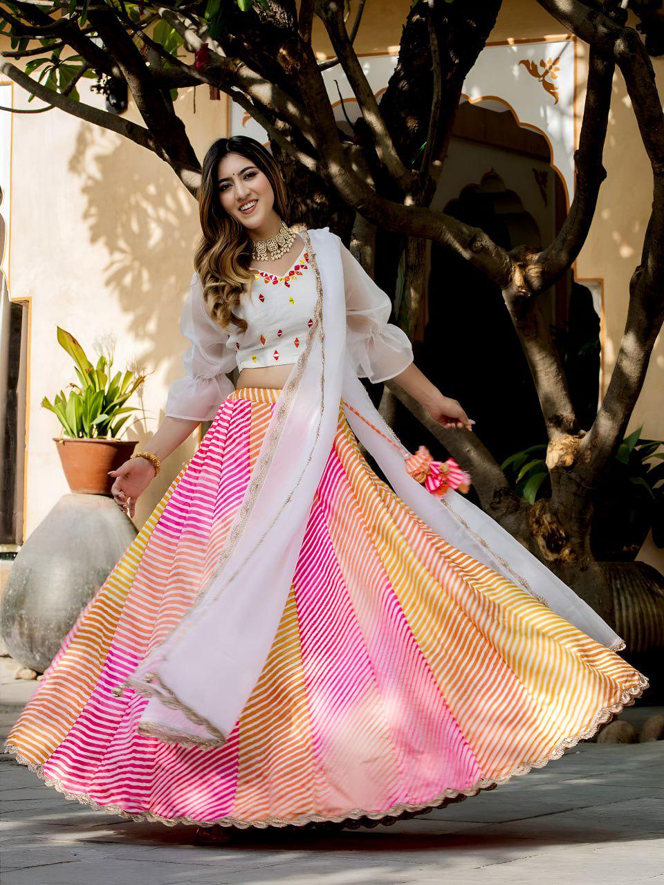 Multicolor Leheriya Lehenga Choli, Mirror Work Art Silk Festive Set, Organza Dupatta