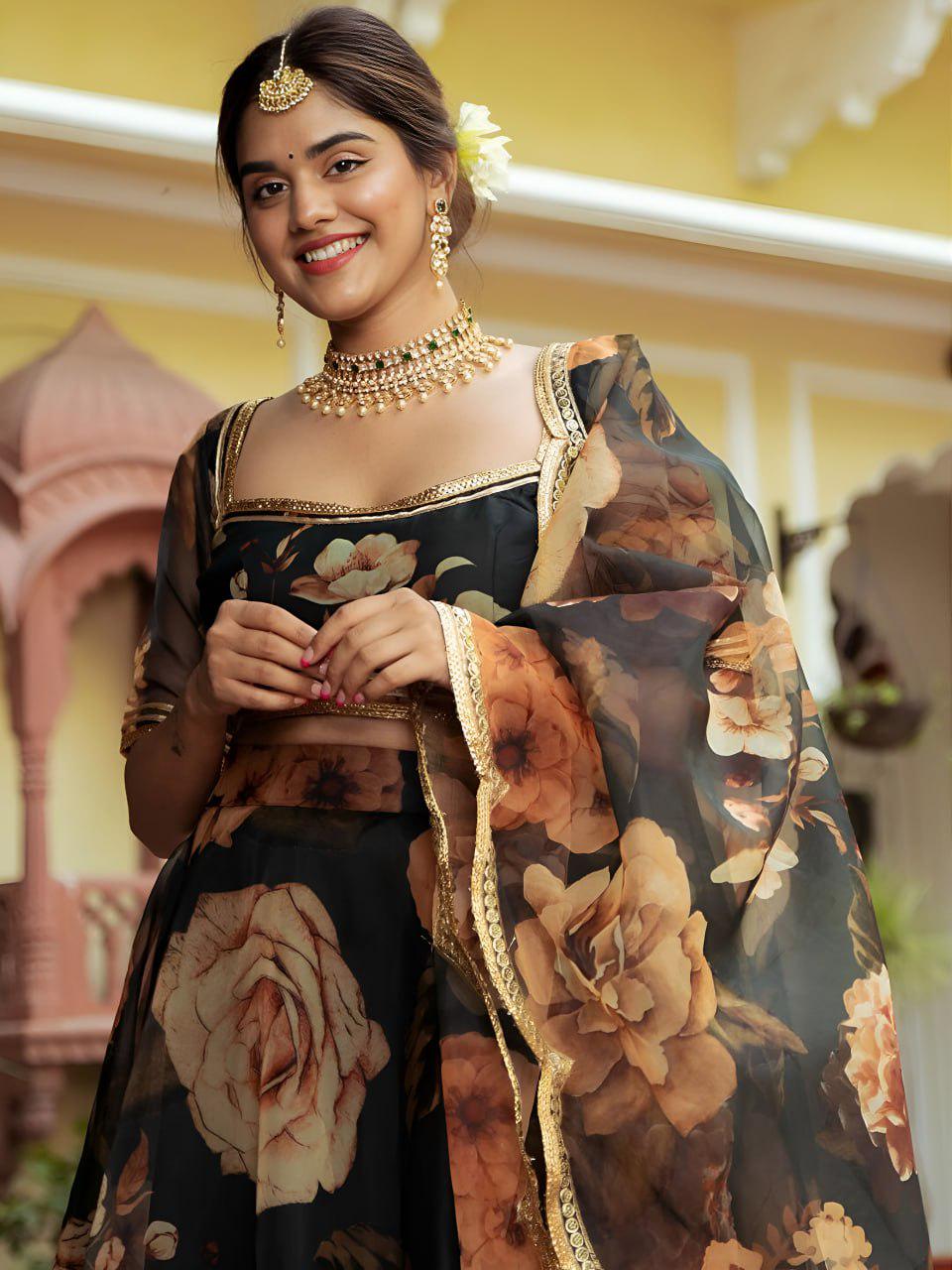 Black Floral Organza Lehenga Choli, Gota Patti Work, Semi-Stitched A-Line Set