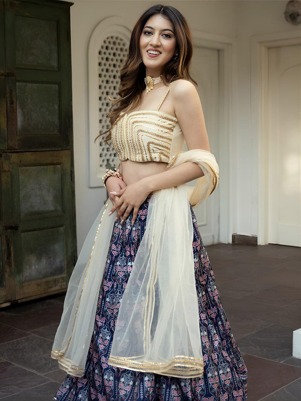 Navy Blue Art Silk Lehenga Choli, Gota Patti Floral Print, Semi Stitched Set