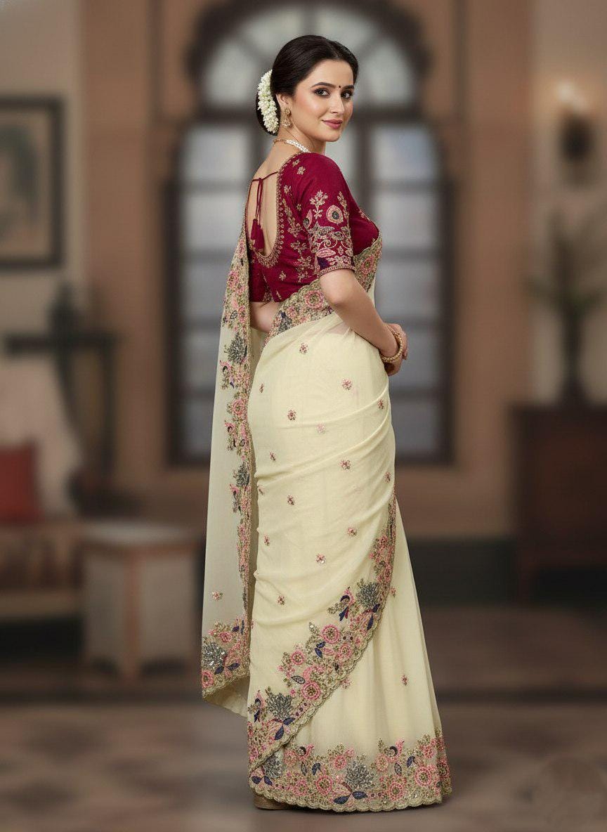 Embroidered Georgette Saree, Cutwork Border, Heavy Blouse, C-Pallu Wedding Wear
