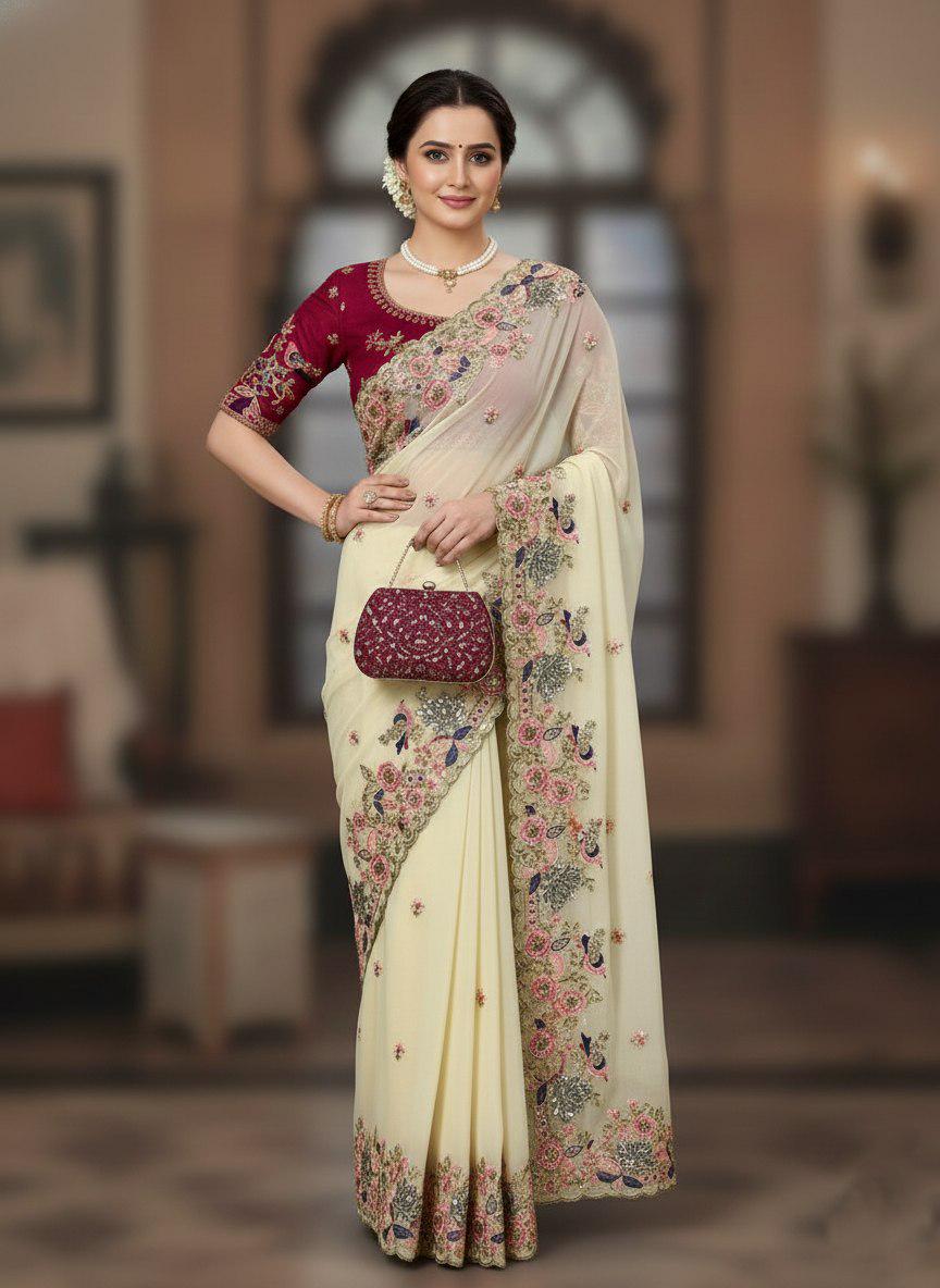 Embroidered Georgette Saree, Cutwork Border, Heavy Blouse, C-Pallu Wedding Wear