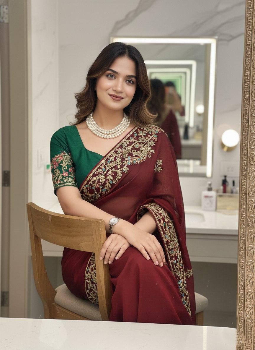 Soft Rangoli Silk Saree, Embroidered C-Pallu, Piping Border, Wedding Party Wear