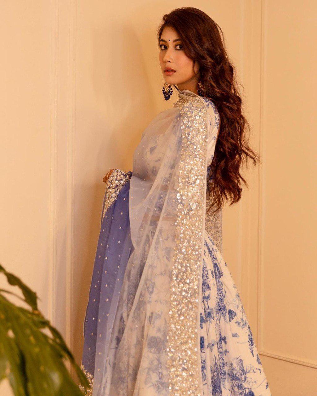Georgette Lehenga Choli Set, Digital Print, Slub Silk Blouse, Organza Dupatta