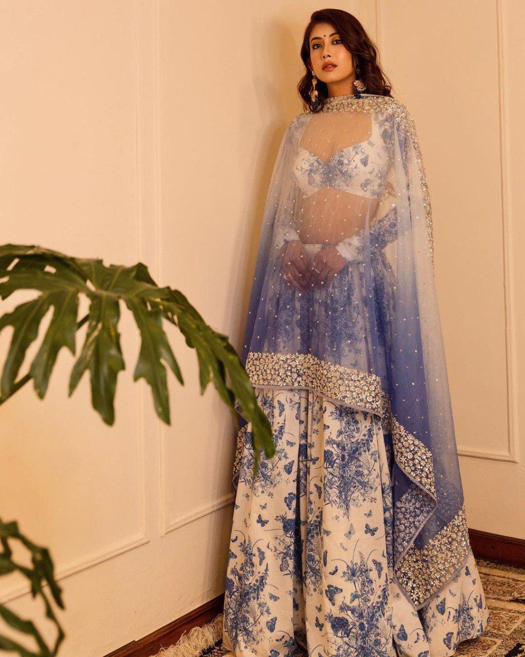 Georgette Lehenga Choli Set, Digital Print, Slub Silk Blouse, Organza Dupatta