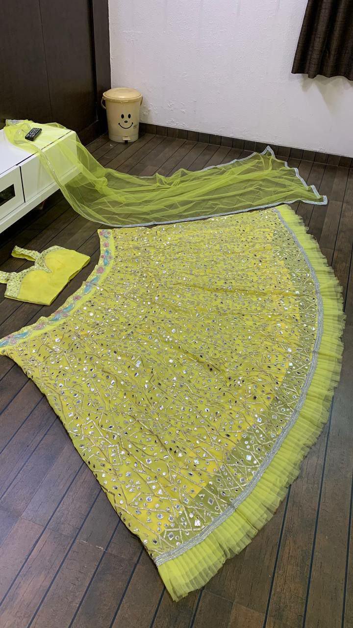 Georgette Lehenga Choli Set, Zari Foil Work, Ruffle Border, Indian Wedding Outfit