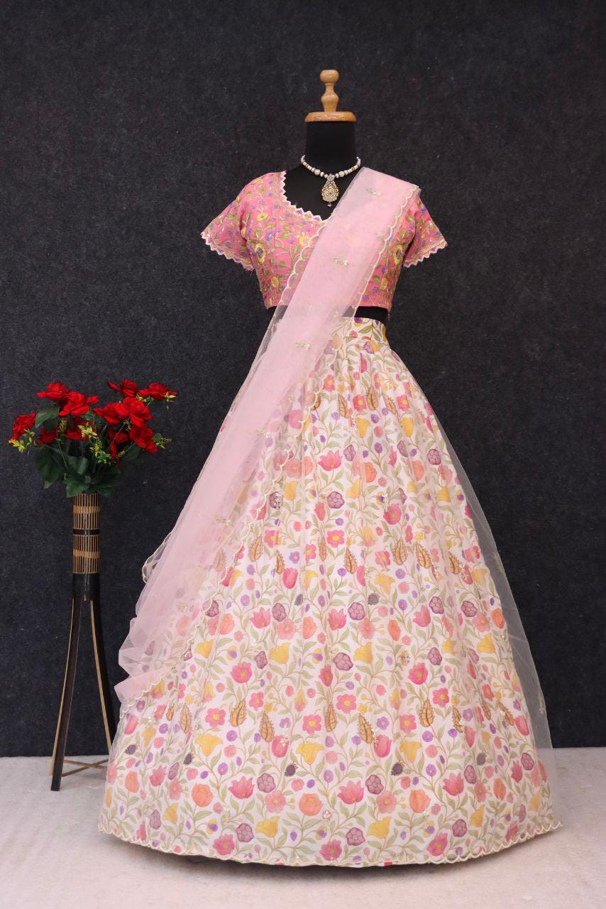 Chinon Silk Printed Lehenga Choli Set, Sequins Embroidered Net Dupatta, Banglory Silk Blouse