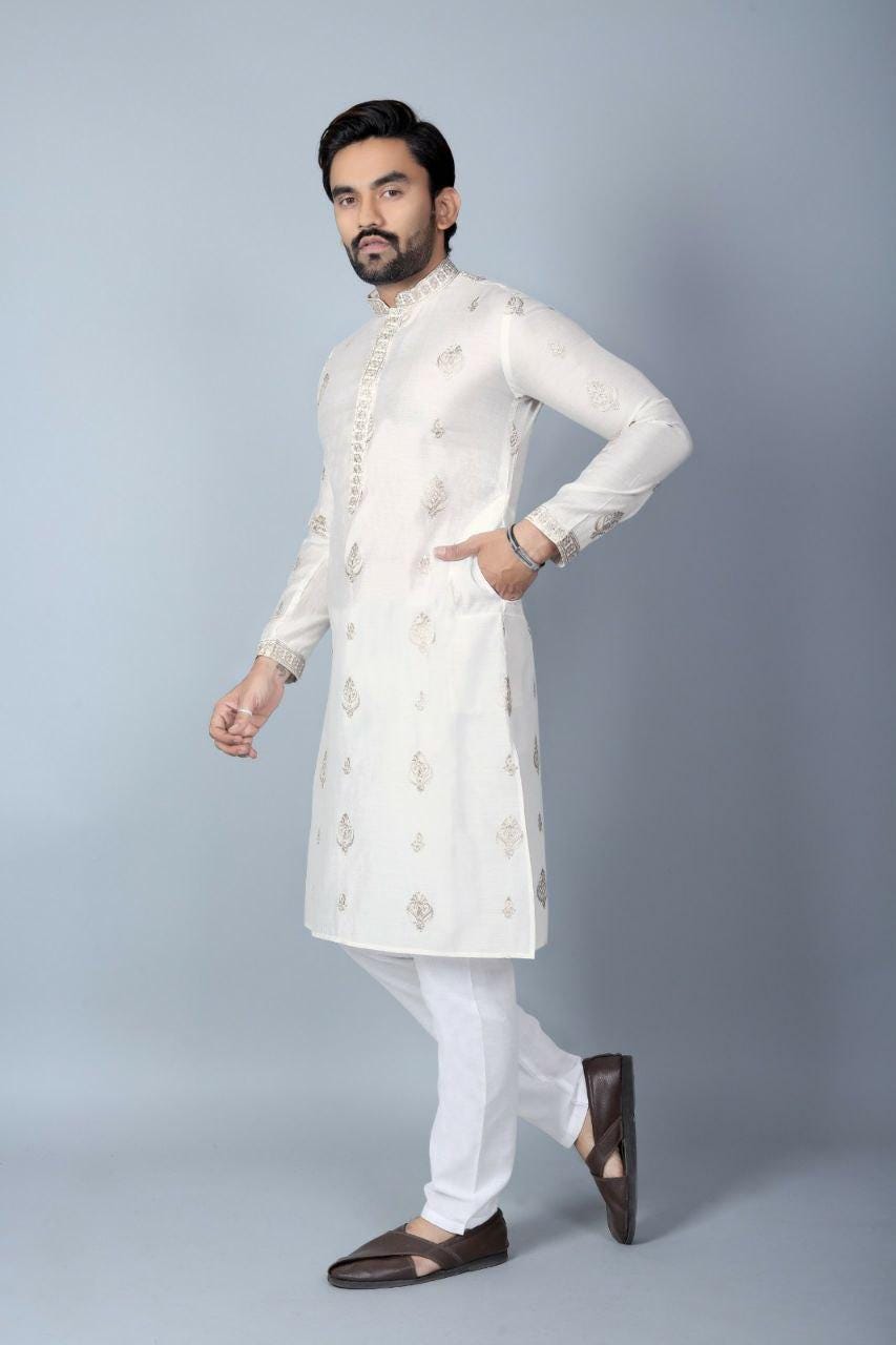 Men's Chanderi Silk Kurta Pajama Set, Traditional Indian Festive Wear, Wedding Party Outfit