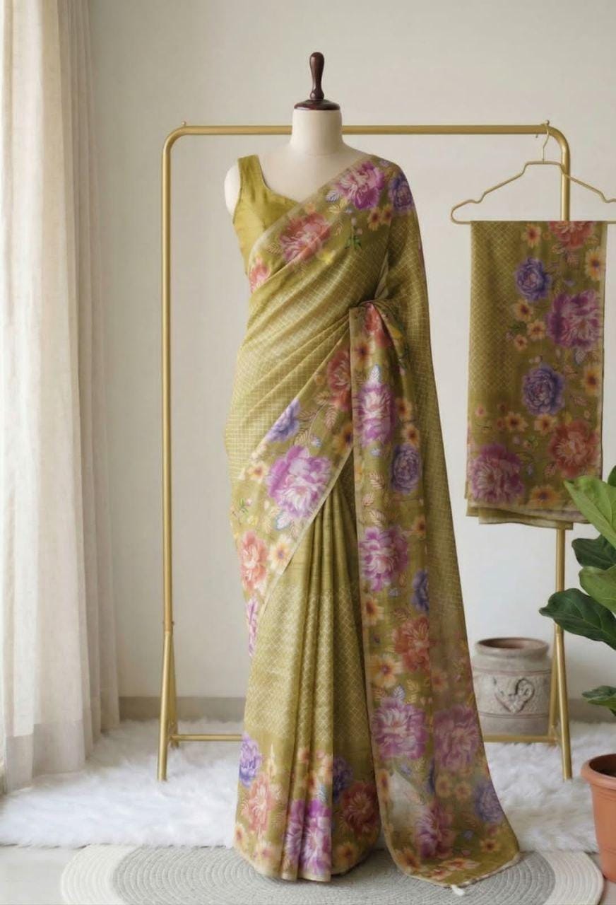 Linen Tissue Floral Print Saree with Running Blouse, Lightweight Casual Ethnic Wear