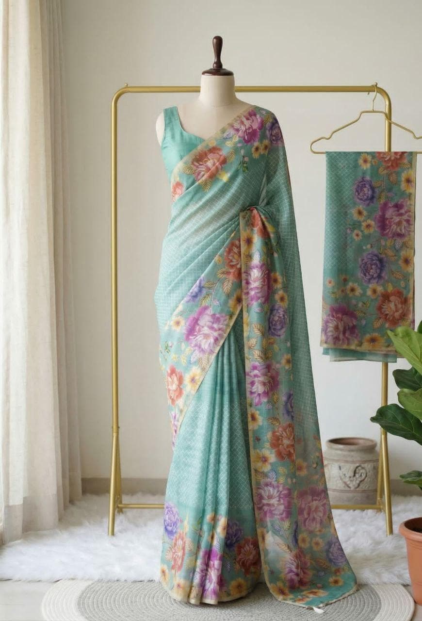 Linen Tissue Floral Print Saree with Running Blouse, Lightweight Casual Ethnic Wear