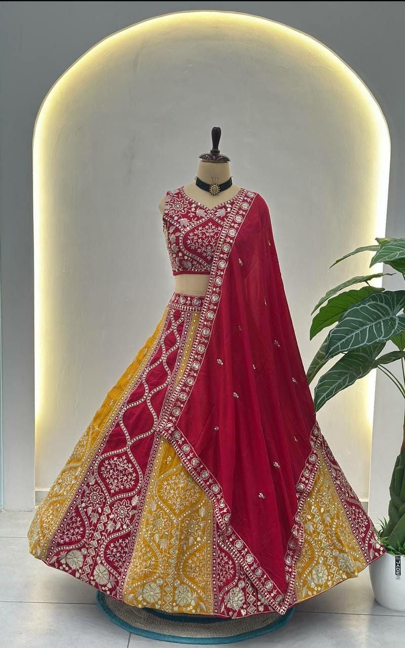 Vichitra Silk Lehenga Choli, Sequins Thread Embroidery, 4 Meter Flare Wedding Set