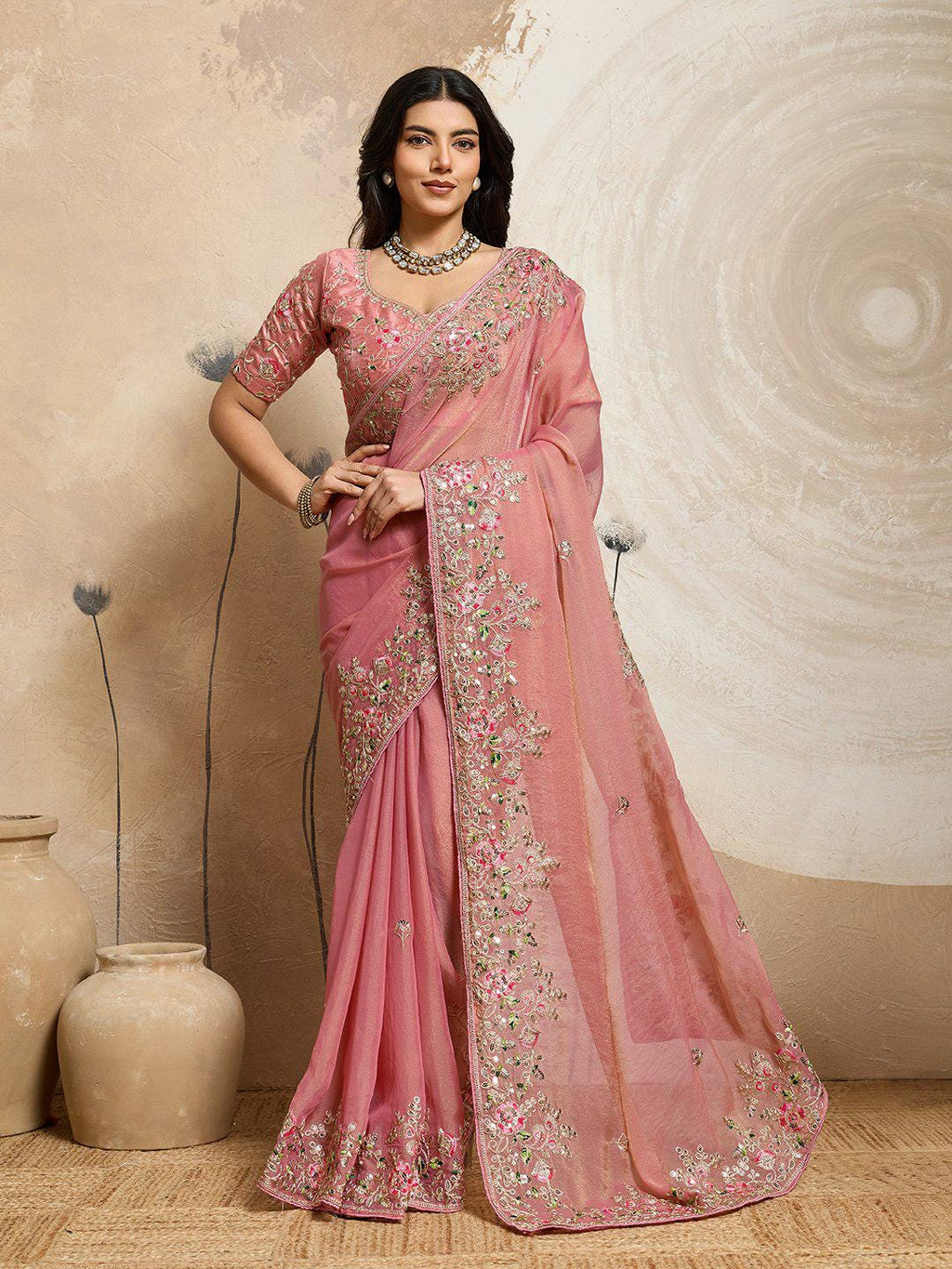 Moss Chiffon Embroidered Saree, Cutwork Border, Banglory Silk Blouse, Festive Wear