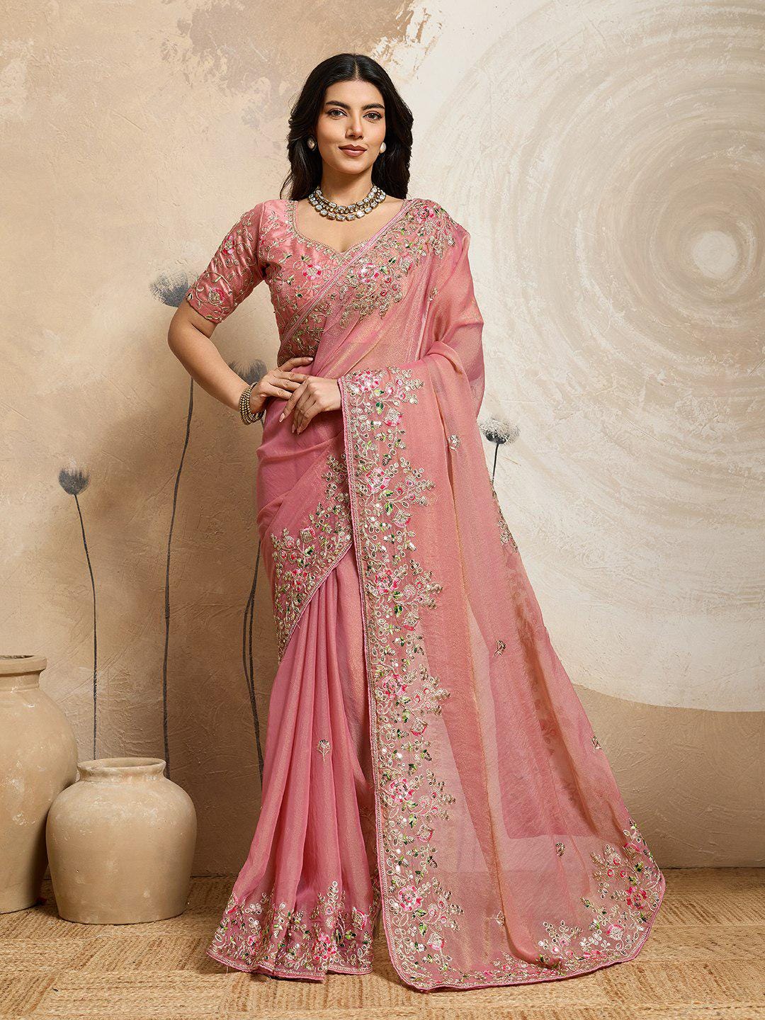 Moss Chiffon Embroidered Saree, Cutwork Border, Banglory Silk Blouse, Festive Wear