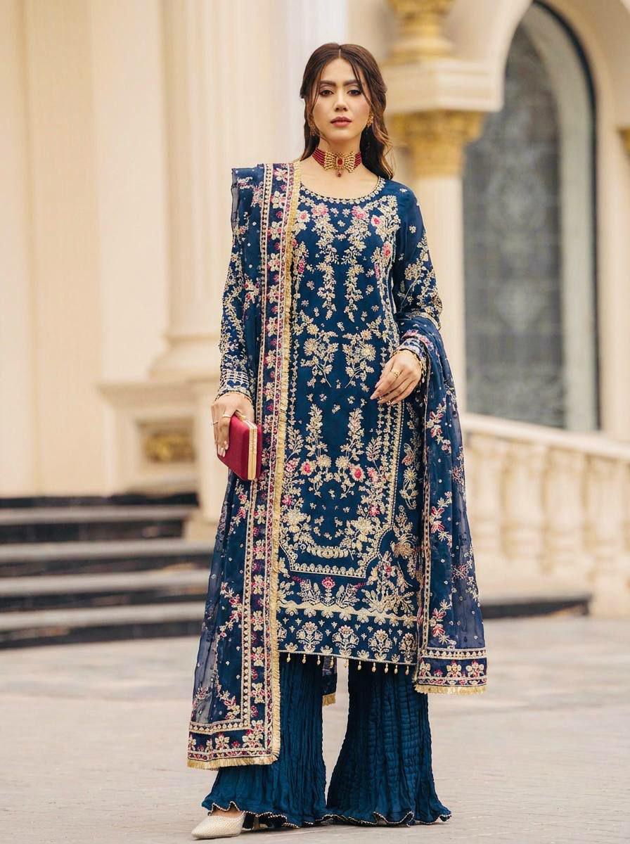 Embroidered Faux Georgette Kurta Palazzo Set with Sequins, Beads Work Ethnic Wear