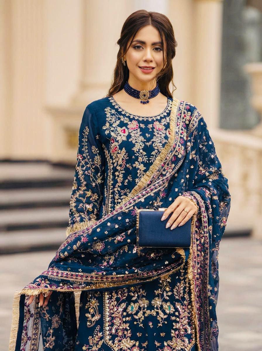 Embroidered Faux Georgette Kurta Palazzo Set with Sequins, Beads Work Ethnic Wear
