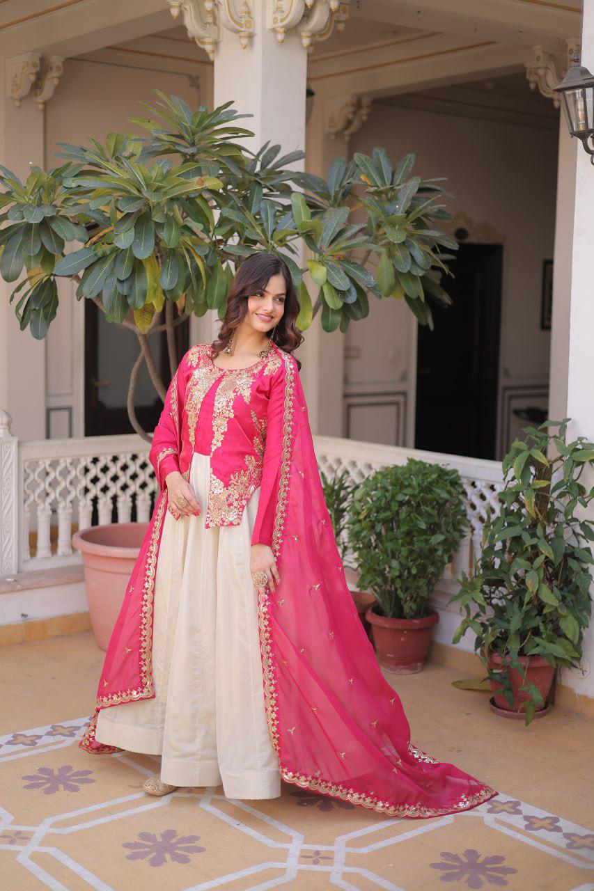 Glass Roman Anarkali Gown Set, Sequins Embroidery, Tabby Silk Dupatta, Festive Wear