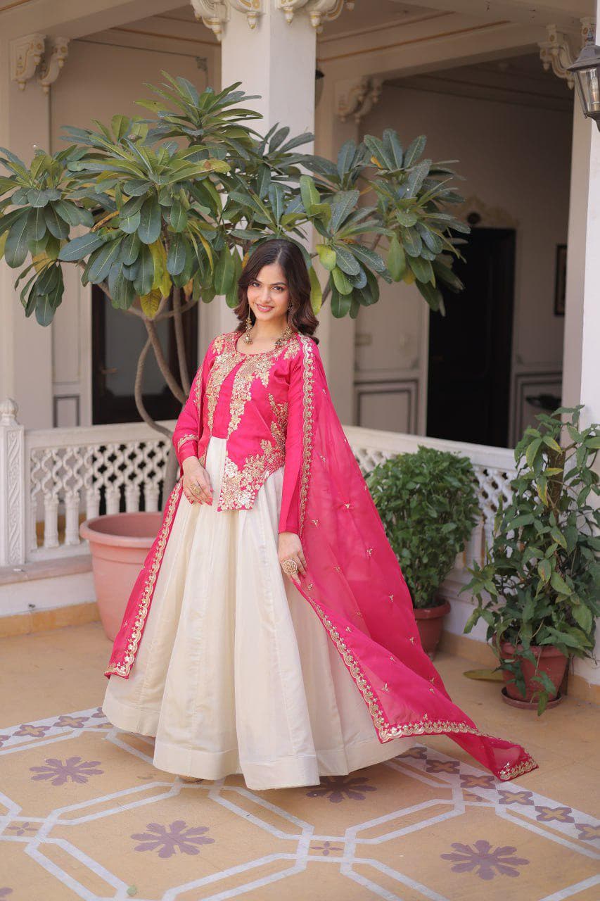 Glass Roman Anarkali Gown Set, Sequins Embroidery, Tabby Silk Dupatta, Festive Wear
