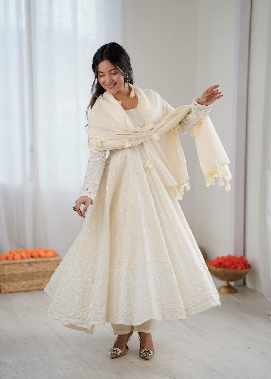 Pure Kora Cotton Anarkali Gown Set, Schiffli Embroidery, Festive Indian Outfit