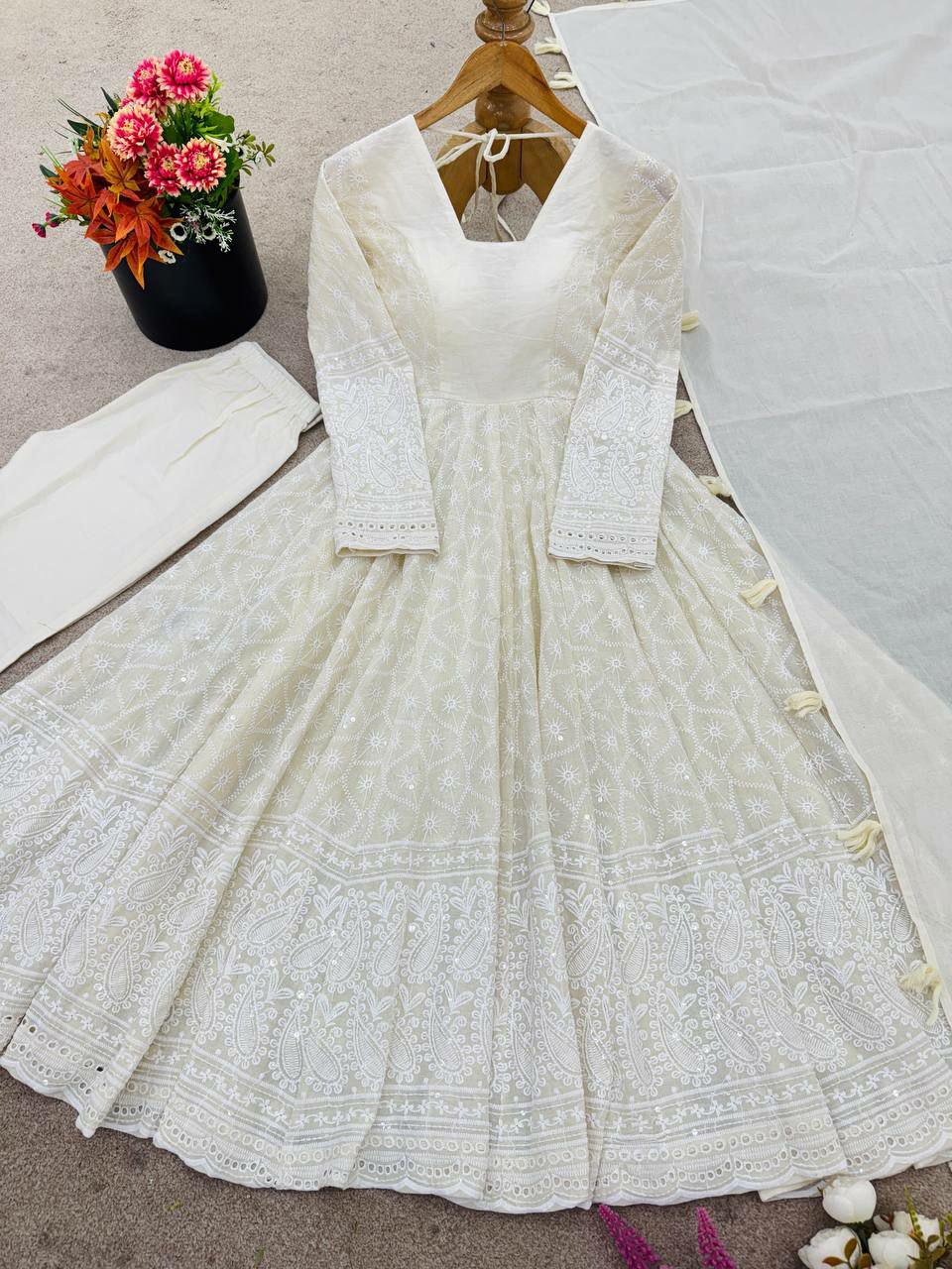 Pure Kora Cotton Anarkali Gown Set, Schiffli Embroidery, Festive Indian Outfit